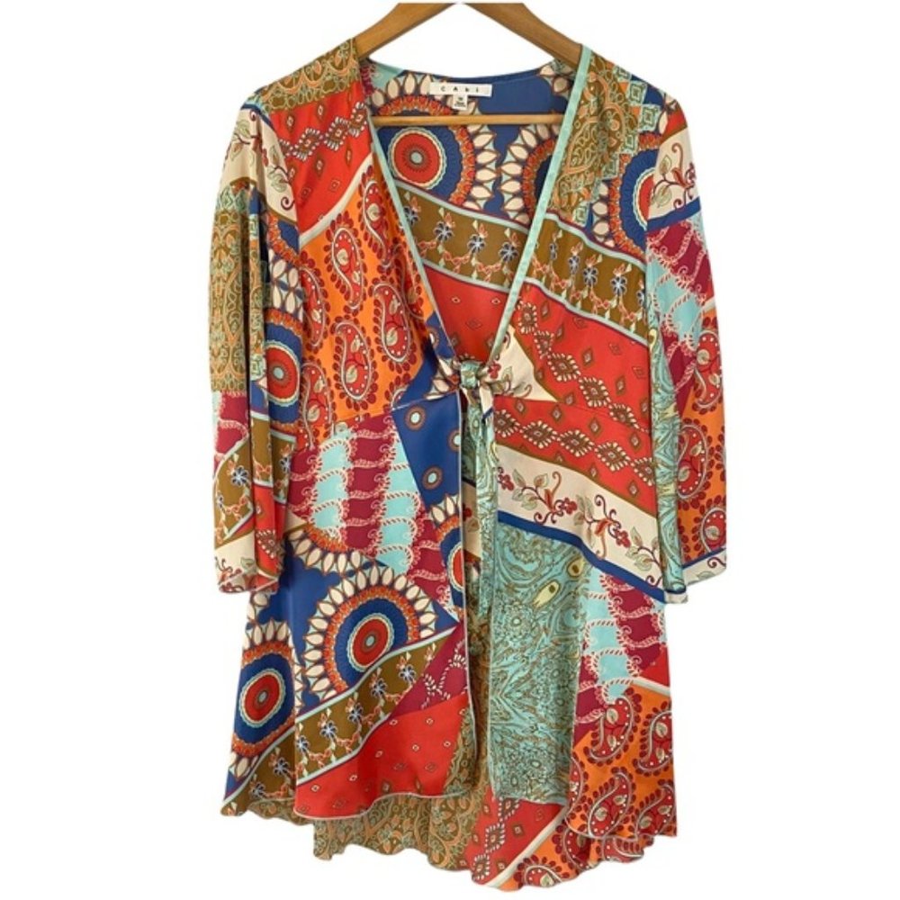 CABi #914 Satin Tie-front Paisley Patchwork Tunic top or Cover up Sz Large